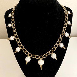 White Gem & Gold Spikes Statement Necklace